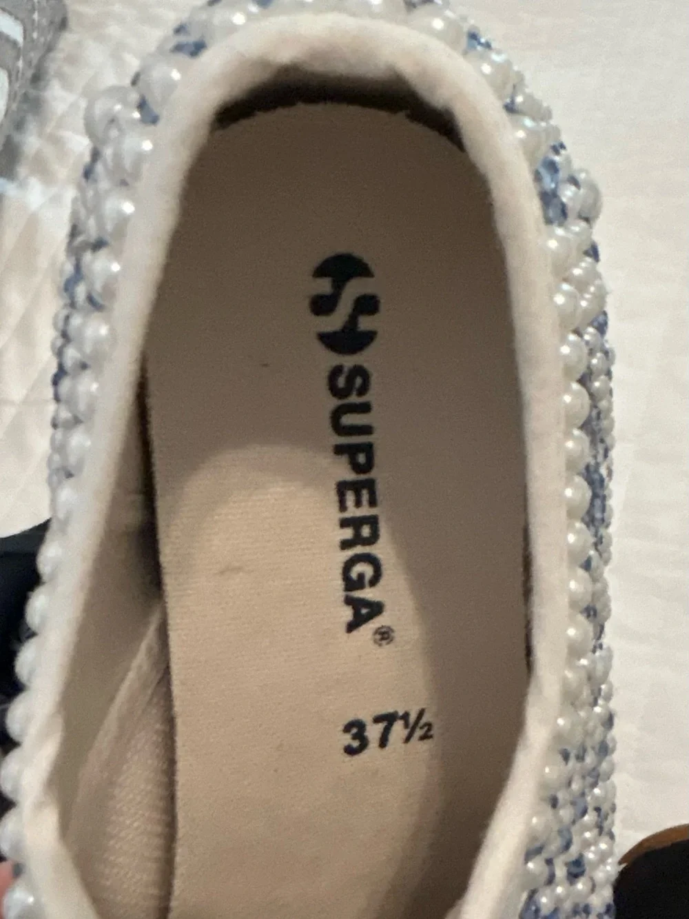 Custom Superga Sneakers: Pearl and Blue Rhinestones Size EUR 37.5 US 7